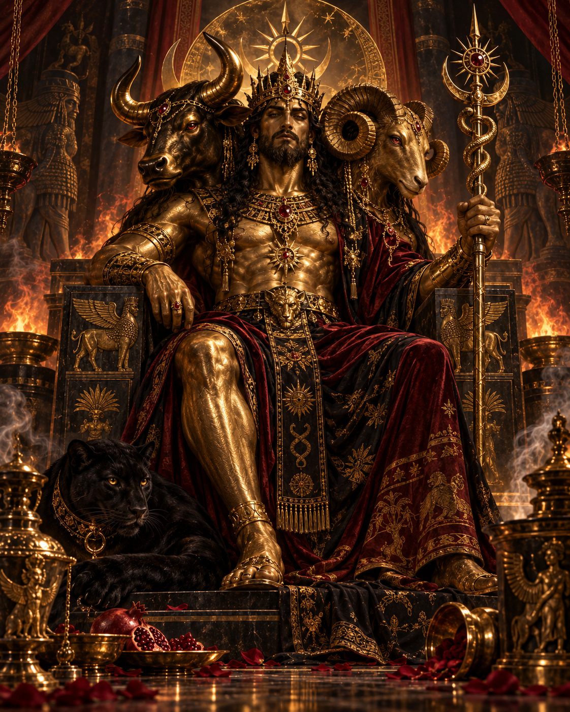 Asmodeus enthroned with the heads of a bull, a crowned king, and a ram, holding a golden staff with a black panther at his feet.