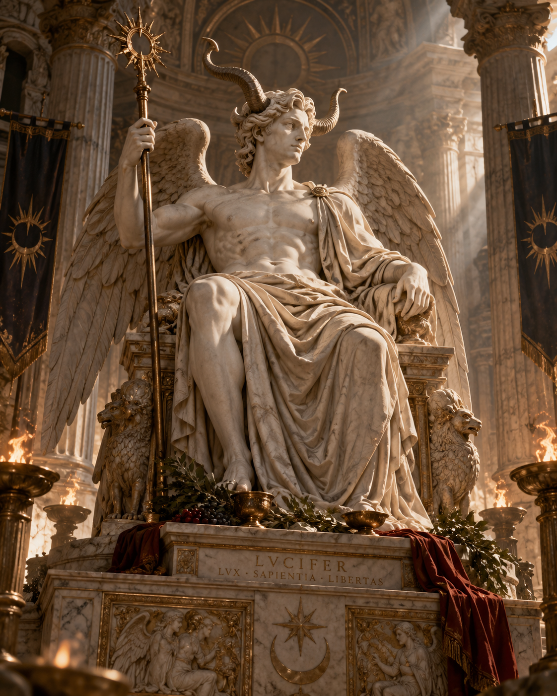 A marble statue of a horned, winged Lucifer seated on a throne, holding a sun-topped staff in a sunlit temple.